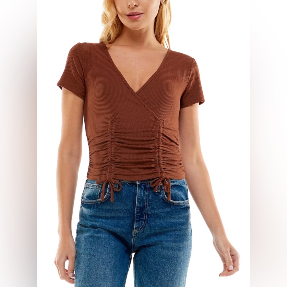 Small Juniors Ultra-Flirt Draw String Burnt Orange Crop-Top